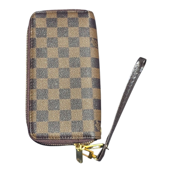 Louis Vuitton Checkered Brown Damier Ebene Wallet Women Double Zip Wrist Strap - Picture 1 of 14